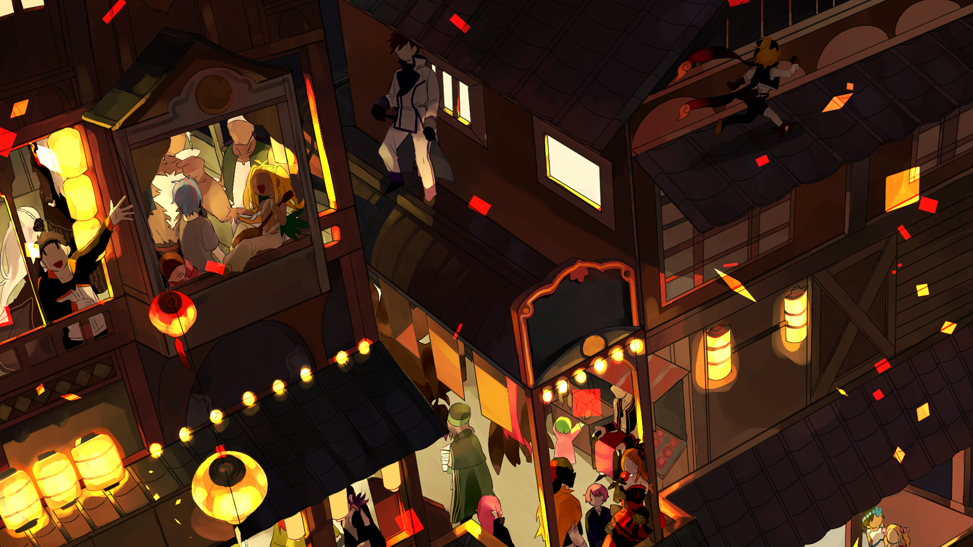 HD PC anime wallpaper of Re:Zero - Starting Life in Another World — lantern-lit night street scene with Emilia, Felt and Subaru Natsuki amid festival crowds and glowing windows.