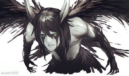 HD desktop wallpaper featuring Ulquiorra Cifer from the anime Bleach, depicted in his distinctive Hollow form with dark wings and intense yellow eyes.