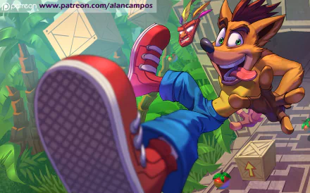 HD PC desktop wallpaper of the Crash Bandicoot character bursting toward the viewer in a vibrant jungle video game scene, red sneakers, Aku Aku mask, Wumpa fruit and wooden crates.