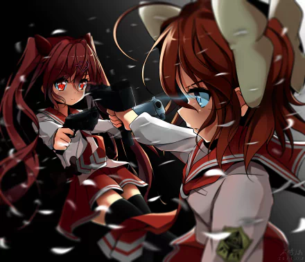 HD PC desktop wallpaper featuring Akari Mamiya and Aria Holmes Kanzaki from the anime Aria the Scarlet Ammo, depicted in an intense standoff with firearms.