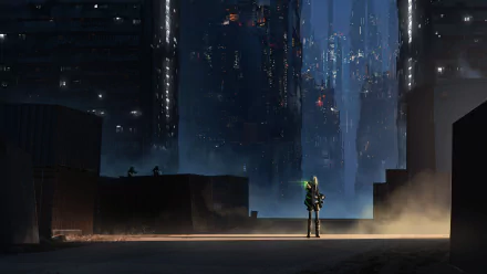 Anime-style character with green hair stands on a street, looking towards a futuristic city at night; HD sci-fi themed desktop wallpaper.