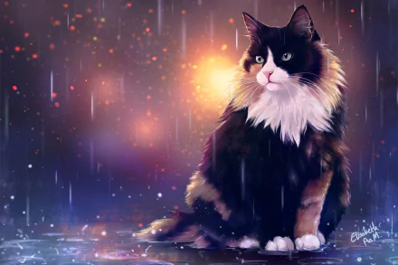 HD desktop wallpaper of a black and white cat sitting in rain with glowing droplets and a warm light in the background, creating a moody animal-themed scene.