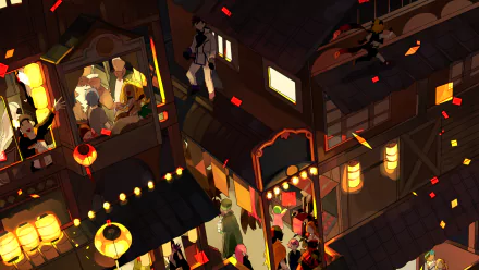 HD PC anime wallpaper of Re:Zero - Starting Life in Another World — lantern-lit night street scene with Emilia, Felt and Subaru Natsuki amid festival crowds and glowing windows.