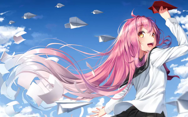 HD wallpaper of an anime girl with pink hair and yellow eyes, surrounded by flying paper planes against a bright blue sky.