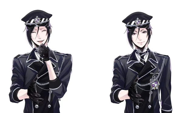 HD PC desktop wallpaper of Sebastian Michaelis from Black Butler: two anime portraits in a black uniform—one smiling with eyes closed, the other composed and staring—on a white background