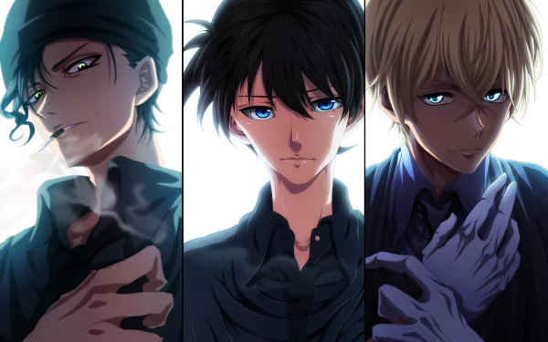 HD anime wallpaper featuring Shinichi Kudo, Rei Furuya, and Shuichi Akai from Detective Conan, with intense expressions and dramatic lighting on each character.