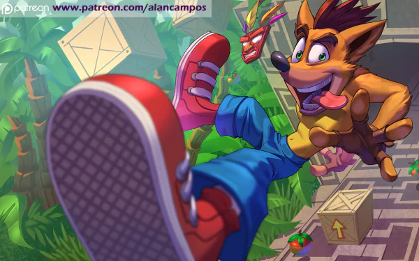 HD PC desktop wallpaper of the Crash Bandicoot character bursting toward the viewer in a vibrant jungle video game scene, red sneakers, Aku Aku mask, Wumpa fruit and wooden crates.