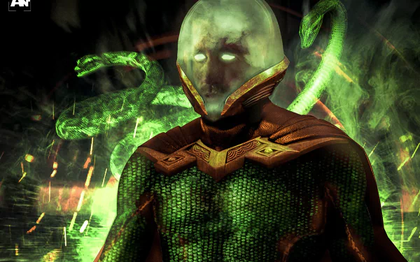 HD PC desktop wallpaper of Mysterio (Marvel Comics) from Spider-Man: Far From Home — armored illusionist with glowing dome helmet, swirling green mist and phantom snakes.