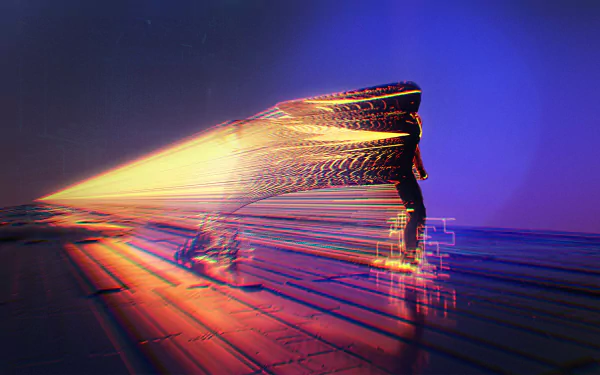HD PC desktop wallpaper and background: TRON RUN/r video game scene — a glitching neon light-runner streaks across a digital grid, leaving orange and purple trails against a blue-violet sky.