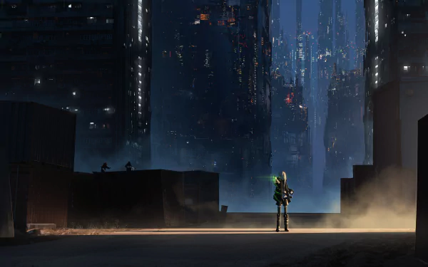 Anime-style character with green hair stands on a street, looking towards a futuristic city at night; HD sci-fi themed desktop wallpaper.
