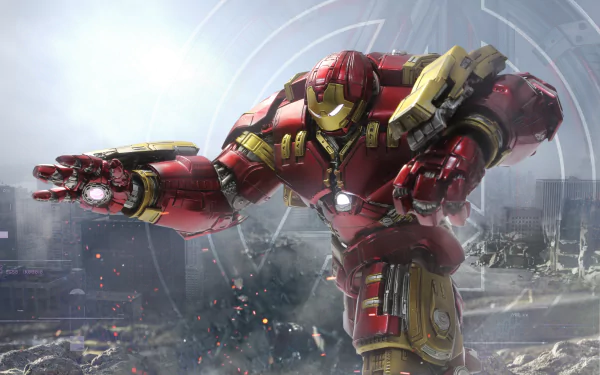 Hulkbuster armor from Avengers: Infinity War in a dynamic pose, featured as a 4K Ultra HD PC desktop wallpaper with detailed cityscape background.