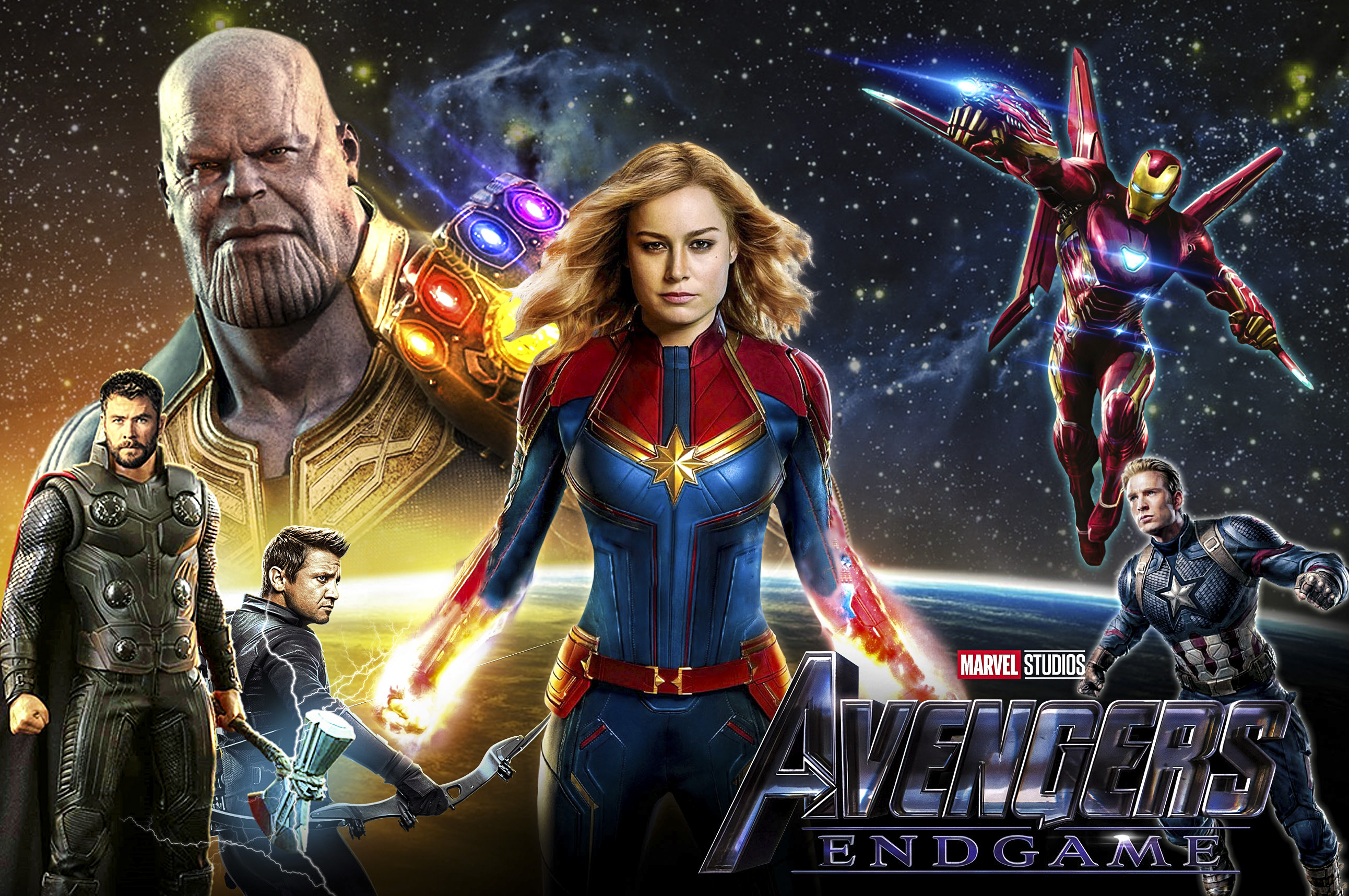 An epic Avengers EndGame movie wallpaper featuring Hawkeye, Captain America, Falcon, Thor, Iron Man, Thanos, and Captain Marvel.