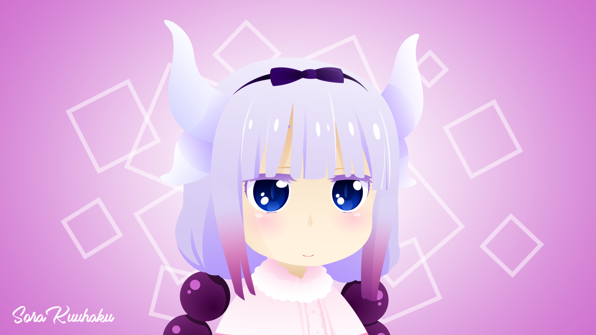 HD PC desktop wallpaper featuring Kanna Kamui from the anime Miss Kobayashi's Dragon Maid with a soft purple geometric background.