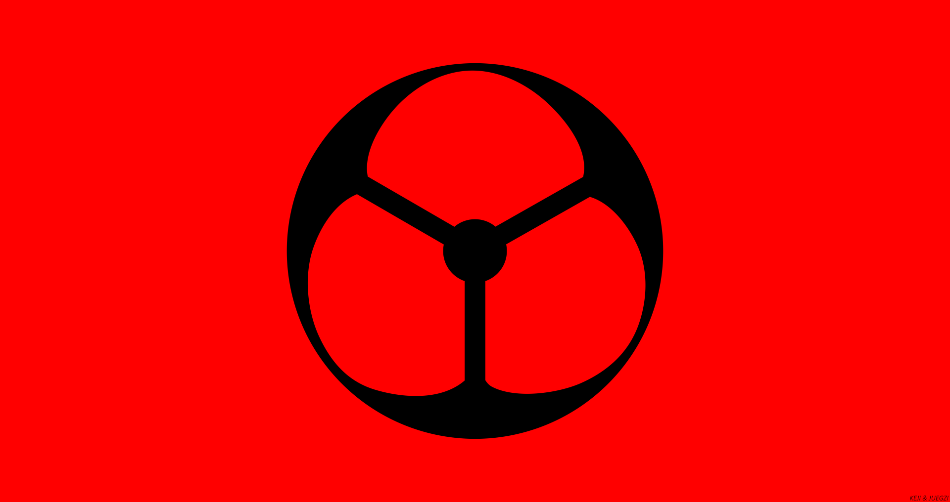 Minimalist 8K Ultra HD anime wallpaper featuring the Mangekyō Sharingan symbol from Naruto on a bold red background.