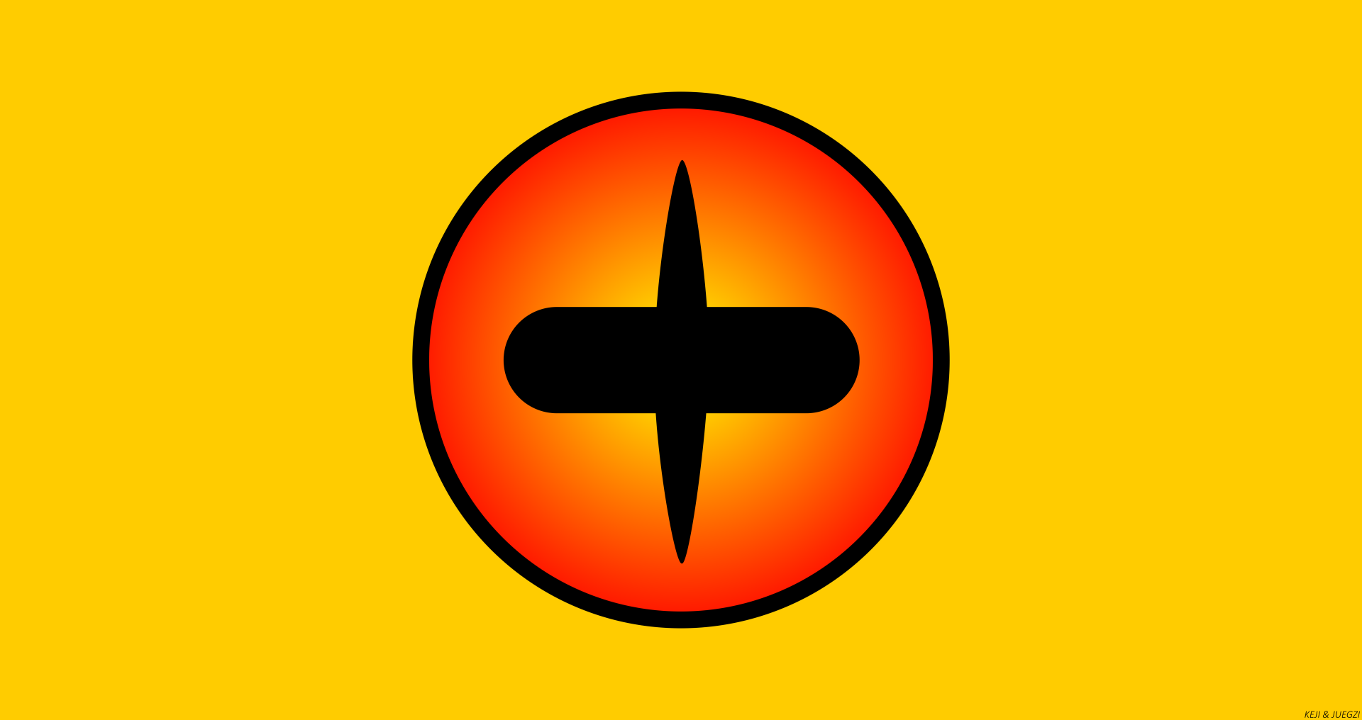 Minimalist 8K Ultra HD PC wallpaper featuring Kurama (Naruto) emblem: orange-red circle with black cross-like mark on a vivid yellow background.