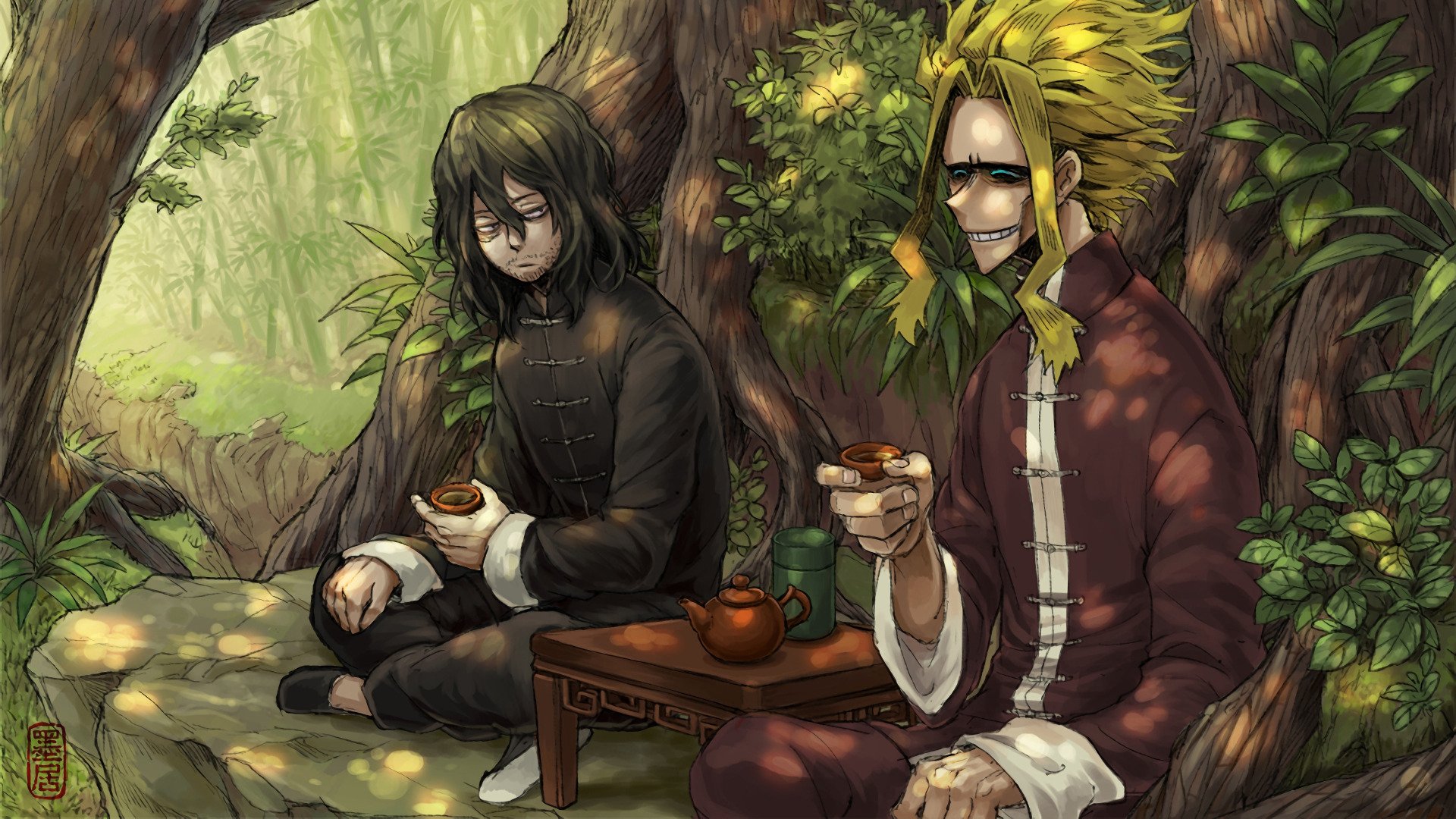 HD anime wallpaper featuring All Might (Toshinori Yagi) and Eraserhead (Shouta Aizawa) from My Hero Academia sharing tea in a serene forest setting.
