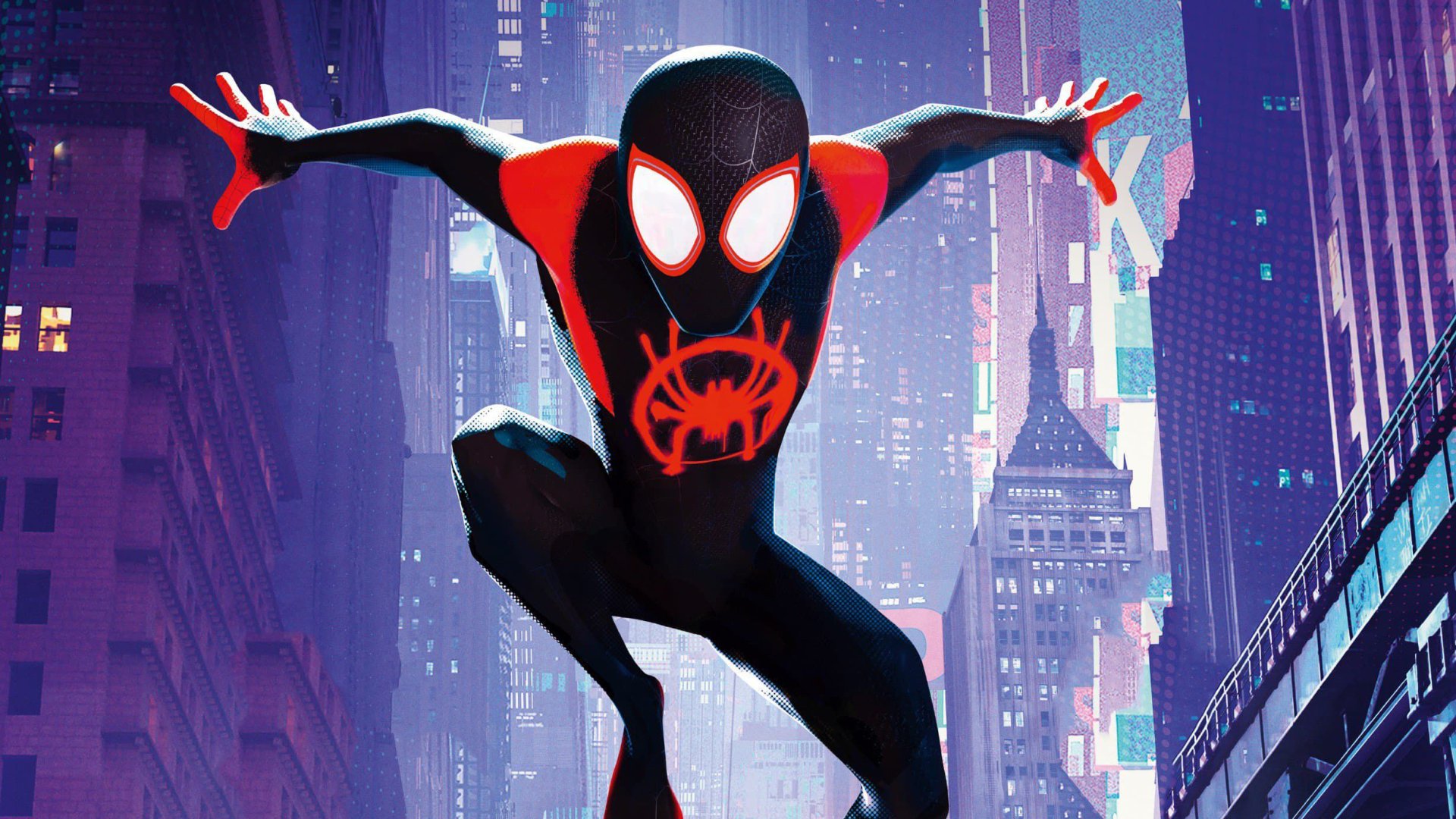 HD desktop wallpaper featuring Miles Morales as Spider-Man from the movie Spider-Man: Into the Spider-Verse, showcasing him mid-air against a vibrant cityscape.