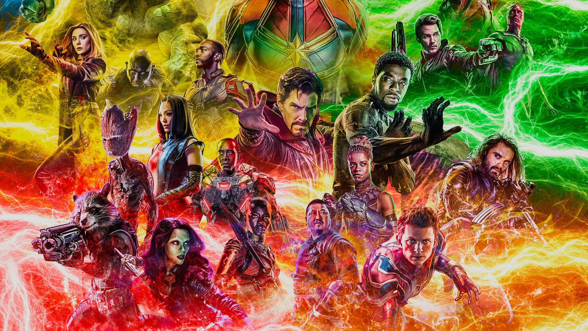 HD desktop wallpaper featuring characters from Avengers Endgame, including Spider-Man, Gamora, Winter Soldier, War Machine, Rocket Raccoon, and others, in a colorful, dynamic arrangement.