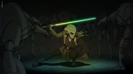 Kit Fisto from Star Wars: The Clone Wars (2008) crouches with a glowing green lightsaber, surrounded by battle droids — 2K Quad HD PC desktop wallpaper.
