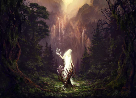 A glowing dryad spirit woman stands amidst a dense forest with towering trees and misty mountains in the background, captured in a fantasy HD desktop wallpaper.