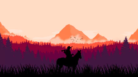 HD wallpaper featuring a cowboy silhouette on horseback with a Red Dead Redemption 2 western theme set against a vibrant sunset and mountainous backdrop.