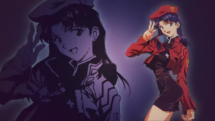 HD PC desktop wallpaper featuring Misato Katsuragi from Neon Genesis Evangelion, showcasing her in a red outfit with a confident pose against a dark, stylized background.