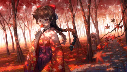 HD anime desktop wallpaper featuring Tsukino Mito, a Virtual Youtuber, standing in a vibrant red maple forest with detailed autumn foliage and soft sunlight.