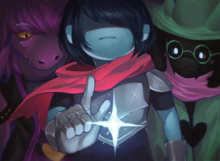 HD desktop wallpaper featuring Ralsei, Susie, and Kris from the video game Deltarune, showcasing a dark, atmospheric scene with glowing effects.