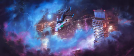 This HD desktop wallpaper features Spider-Gwen, or Gwen Stacy, free-falling through the night sky against a neon-lit New York City backdrop, from the movie Spider-Man: Into The Spider-Verse.