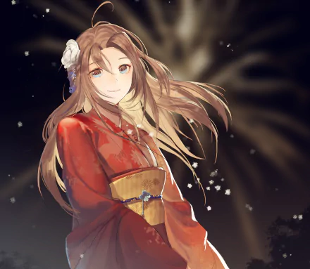 Anime-style girl with brown hair and brown eyes, smiling softly while wearing a red kimono, set against a dark, softly glowing background.
