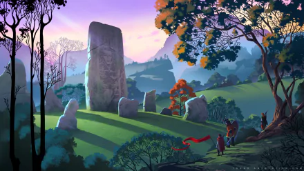 HD PC desktop wallpaper from the video game The Banner Saga, featuring a serene landscape with stone monoliths, lush trees, and distant mountains under a colorful sky.