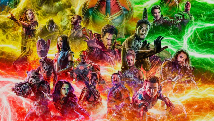 HD desktop wallpaper featuring characters from Avengers Endgame, including Spider-Man, Gamora, Winter Soldier, War Machine, Rocket Raccoon, and others, in a colorful, dynamic arrangement.