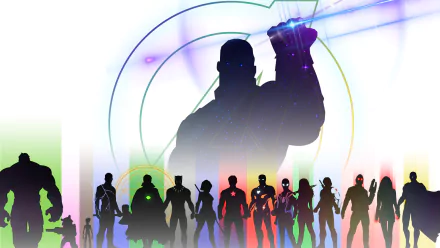 HD desktop wallpaper featuring Avengers EndGame. The silhouettes of various Avengers stand in front of a large figure, wielding a glowing gauntlet amidst vibrant, colorful background hues.