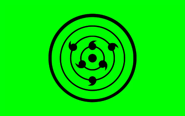 Vivid green minimalist wallpaper featuring black Rinnegan rings and tomoe motif — Naruto anime 8K Ultra HD PC background.