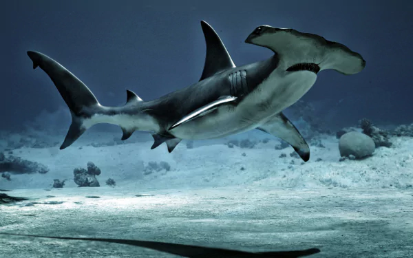 HD underwater image of a hammerhead shark swimming near the ocean floor, surrounded by fish and marine life, captured as a stunning animal-themed desktop wallpaper.