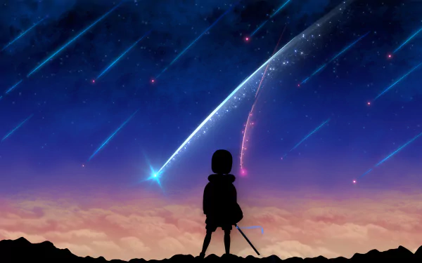 HD wallpaper featuring Sans from the video game Undertale, standing silhouetted against a starry night sky filled with shooting stars.