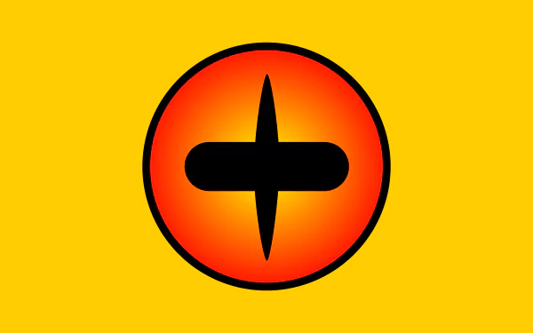 Minimalist 8K Ultra HD PC wallpaper featuring Kurama (Naruto) emblem: orange-red circle with black cross-like mark on a vivid yellow background.