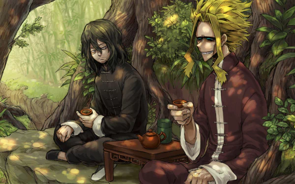 HD anime wallpaper featuring All Might (Toshinori Yagi) and Eraserhead (Shouta Aizawa) from My Hero Academia sharing tea in a serene forest setting.