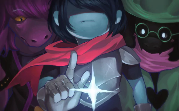 HD desktop wallpaper featuring Ralsei, Susie, and Kris from the video game Deltarune, showcasing a dark, atmospheric scene with glowing effects.