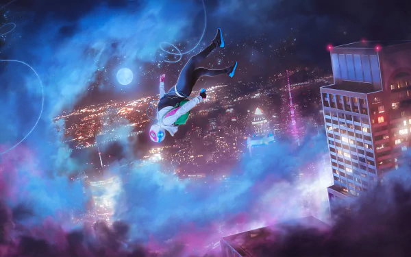 This HD desktop wallpaper features Spider-Gwen, or Gwen Stacy, free-falling through the night sky against a neon-lit New York City backdrop, from the movie Spider-Man: Into The Spider-Verse.