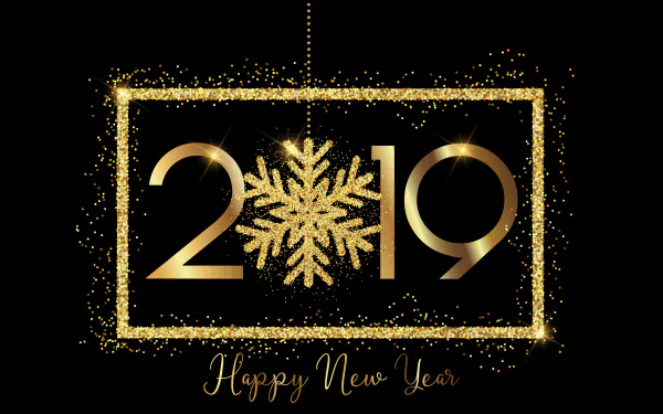 Golden 2019 with a sparkling snowflake and Happy New Year text on a black background, designed as a 4K Ultra HD holiday PC desktop wallpaper.
