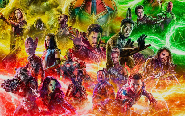 HD desktop wallpaper featuring characters from Avengers Endgame, including Spider-Man, Gamora, Winter Soldier, War Machine, Rocket Raccoon, and others, in a colorful, dynamic arrangement.