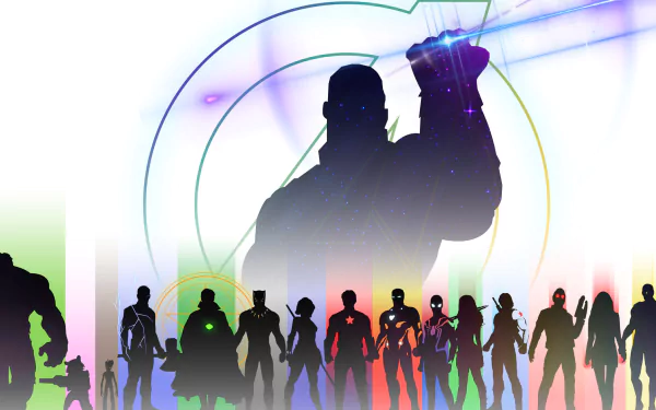HD desktop wallpaper featuring Avengers EndGame. The silhouettes of various Avengers stand in front of a large figure, wielding a glowing gauntlet amidst vibrant, colorful background hues.
