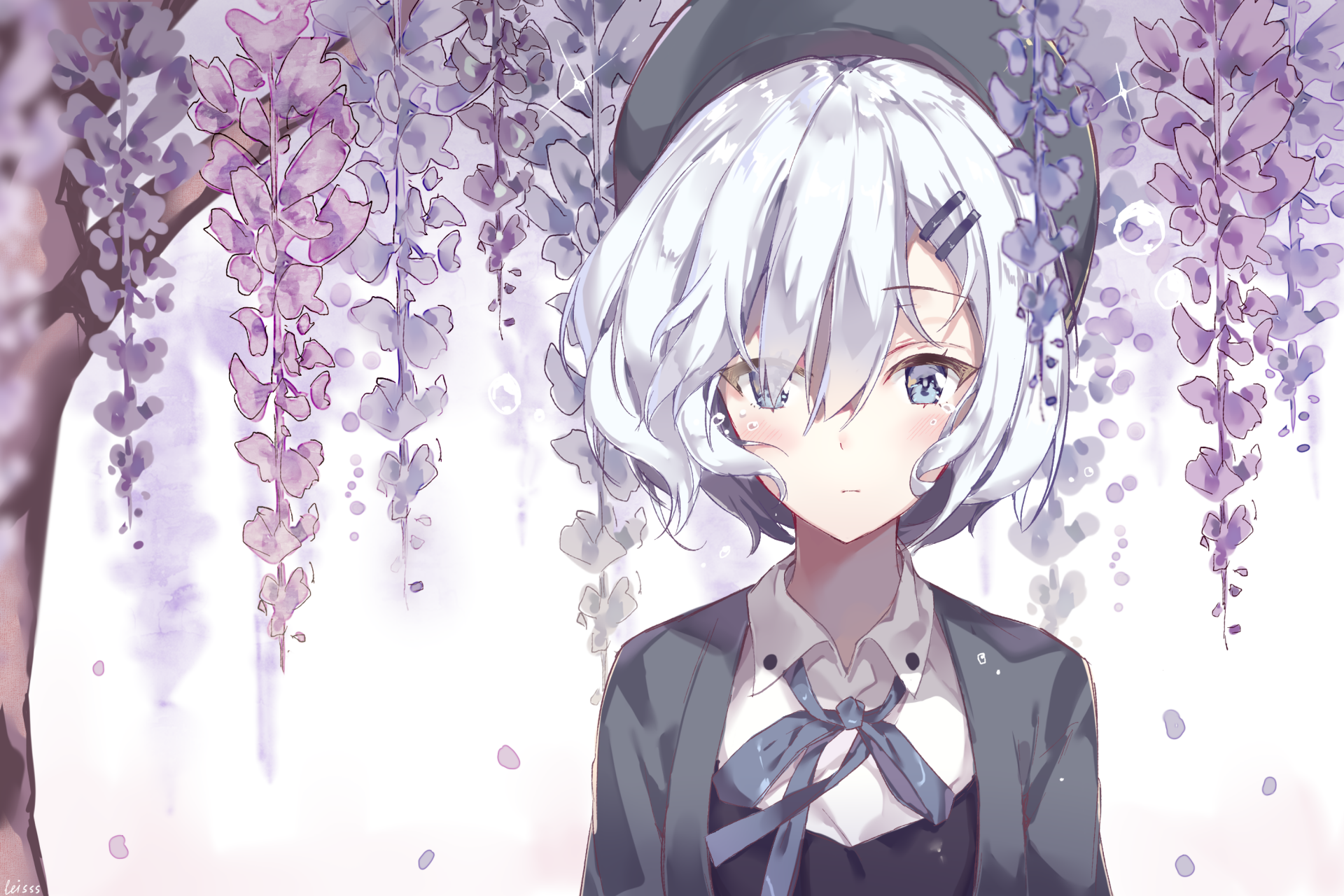 HD wallpaper of an anime girl with white hair and tears, wearing a hat, amid blossoming trees.