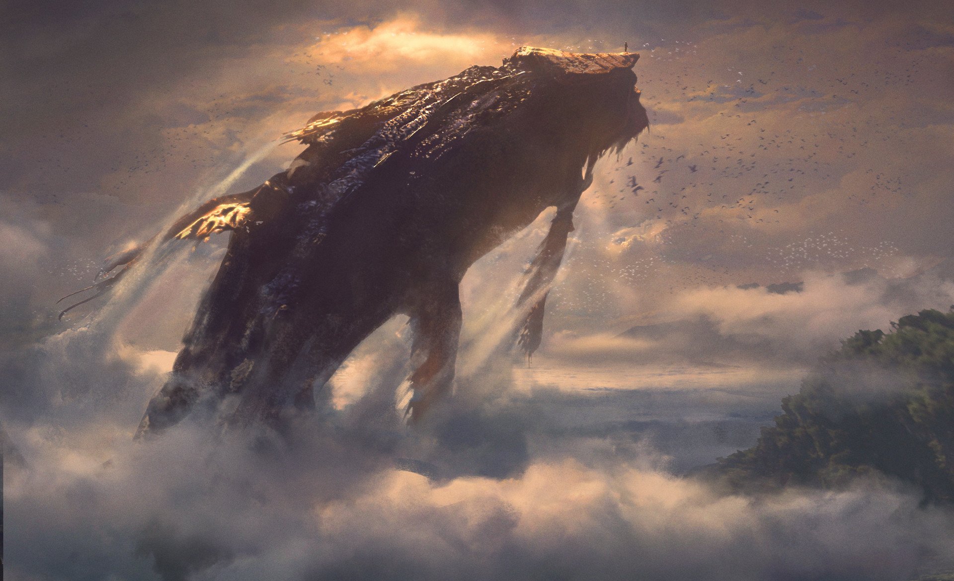 HD desktop wallpaper of a fantasy sky whale soaring through clouds, inspired by The Legend of Zelda: Skyward Sword video game.