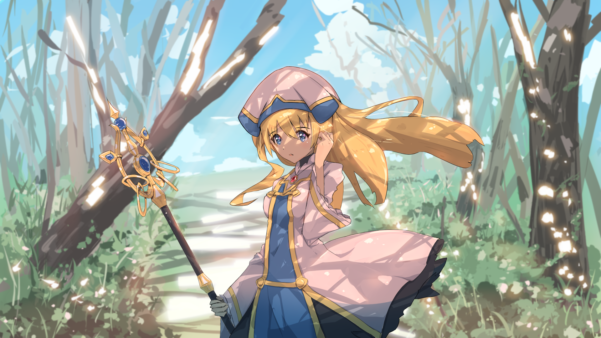 HD anime desktop wallpaper featuring Priestess from Goblin Slayer standing outdoors with a serene expression, holding her staff amid blooming trees and soft sunlight.