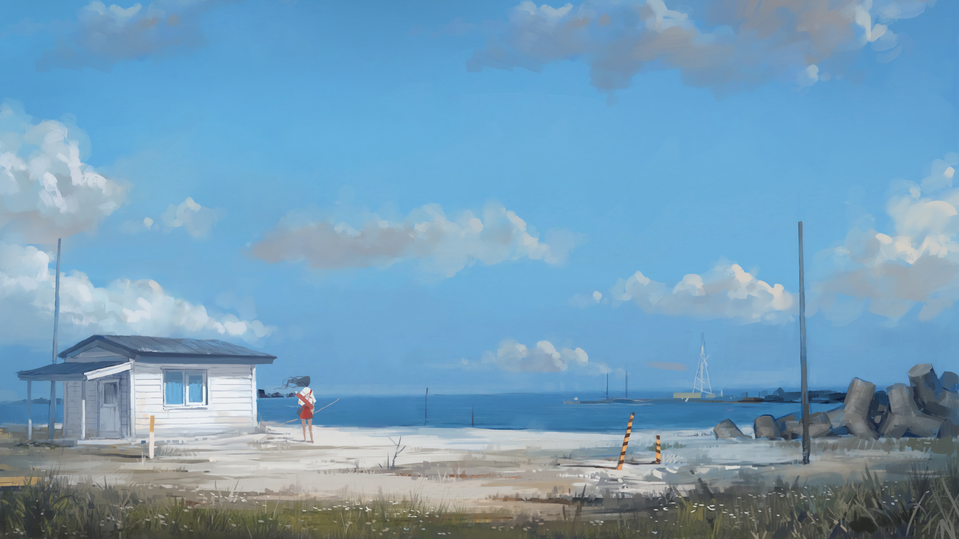 Artistic ocean scene 4K Ultra HD PC desktop wallpaper and background: a small seaside shack and lone figure on a concrete pier, gentle waves and distant ships beneath a bright blue sky.