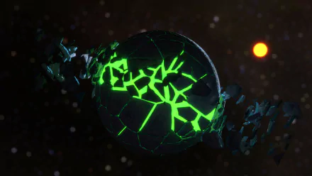 Abstract glowing cracked ball with neon green fissures and floating debris against dark space; 2K Quad HD PC desktop wallpaper and background.