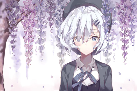 HD wallpaper of an anime girl with white hair and tears, wearing a hat, amid blossoming trees.
