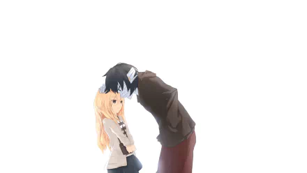HD anime desktop wallpaper featuring Rachel Gardner and Zack from Angels of Death in a close, tender moment against a white background.